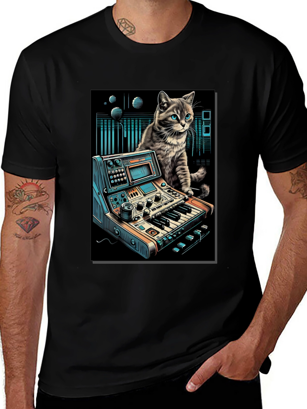 Camiseta Negra con Diseño de Gato Músico