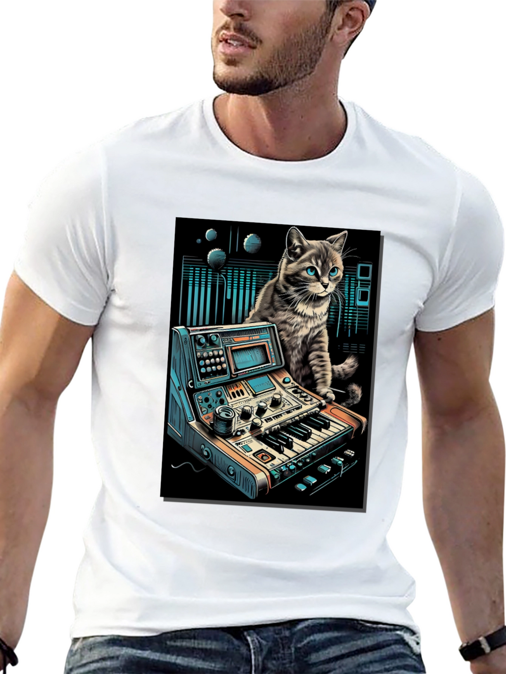Camiseta Negra con Diseño de Gato Músico