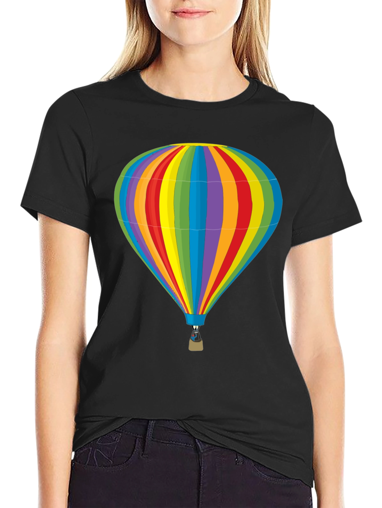 Camiseta Negra con Diseño de Globo Aerostático Colorido