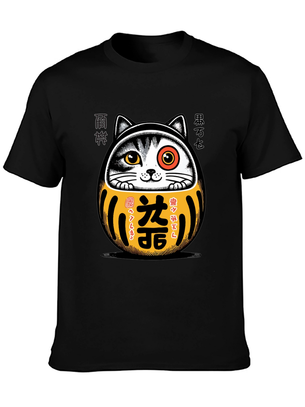 Camiseta Negra con Diseño Daruma Gato Japonés
