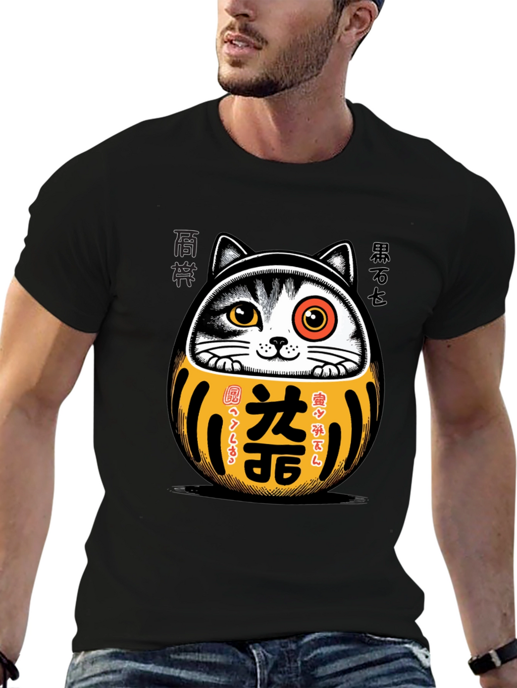 Camiseta Negra con Diseño Daruma Gato Japonés