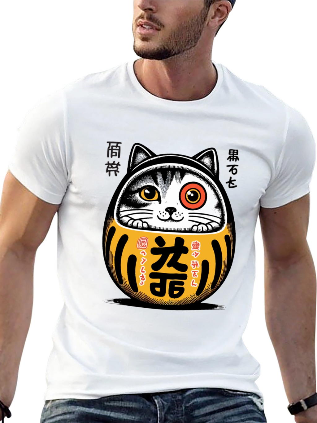 Camiseta Negra con Diseño Daruma Gato Japonés