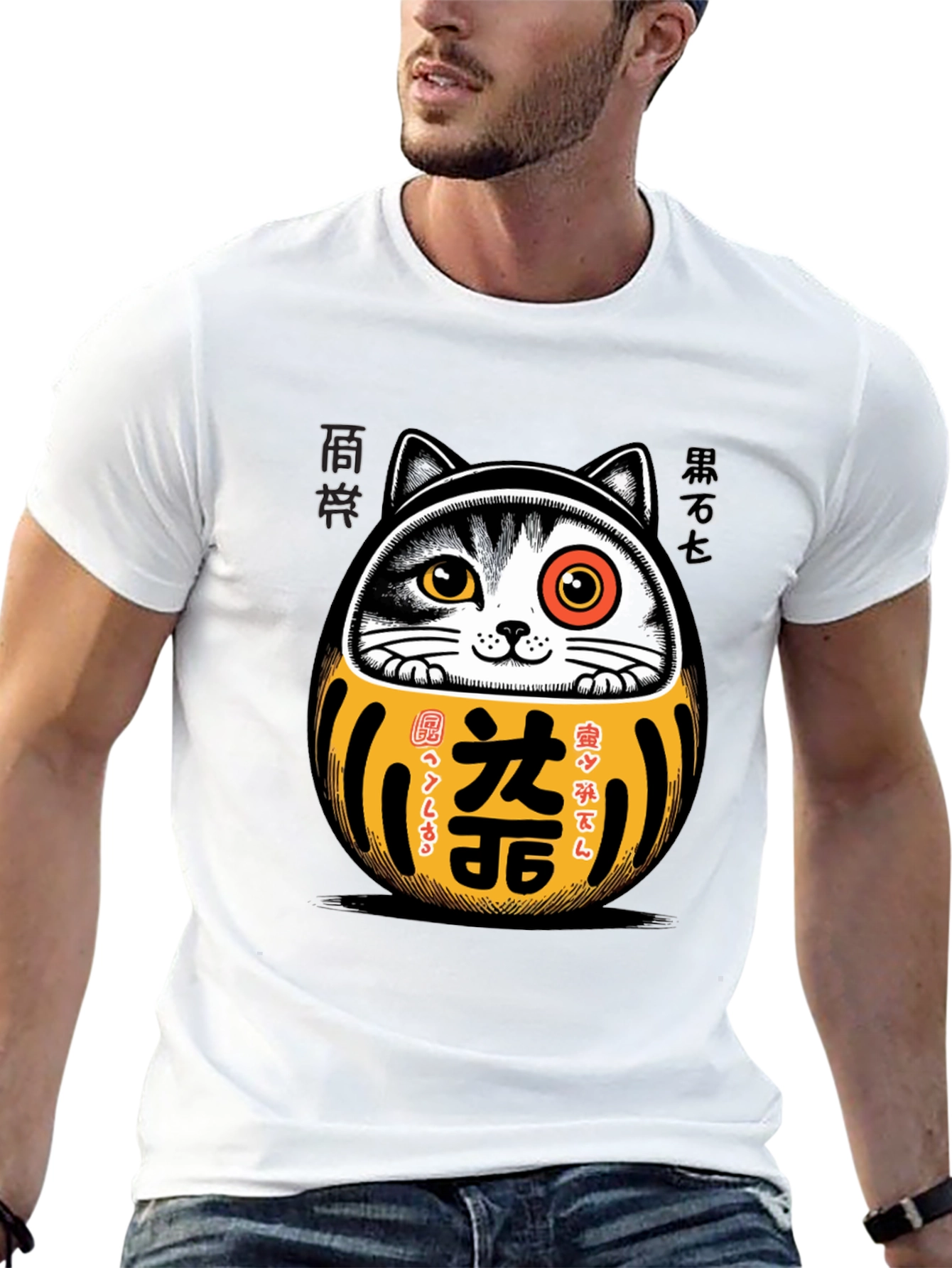 Camiseta Negra con Diseño Daruma Gato Japonés