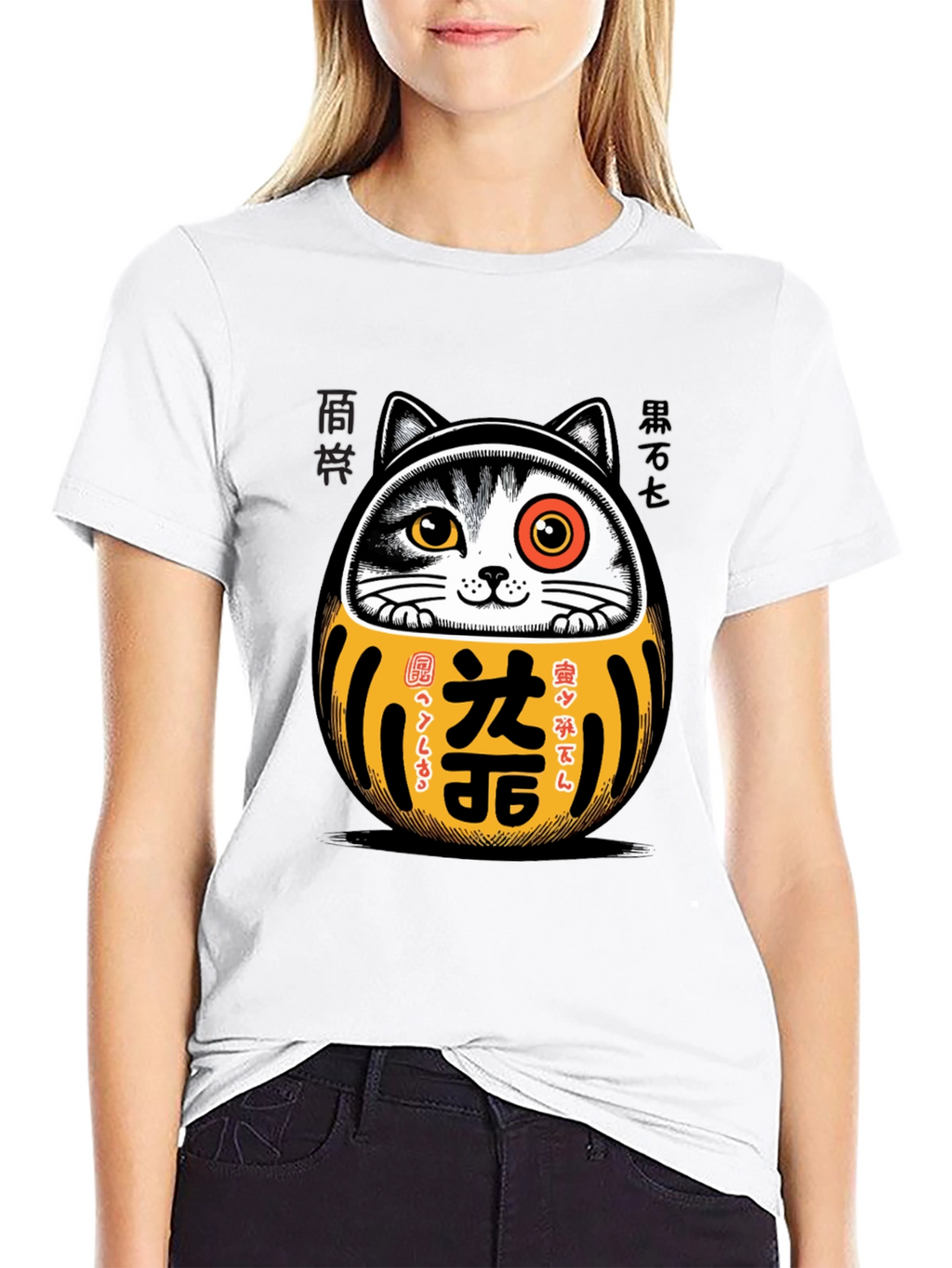 Camiseta Negra con Diseño Daruma Gato Japonés