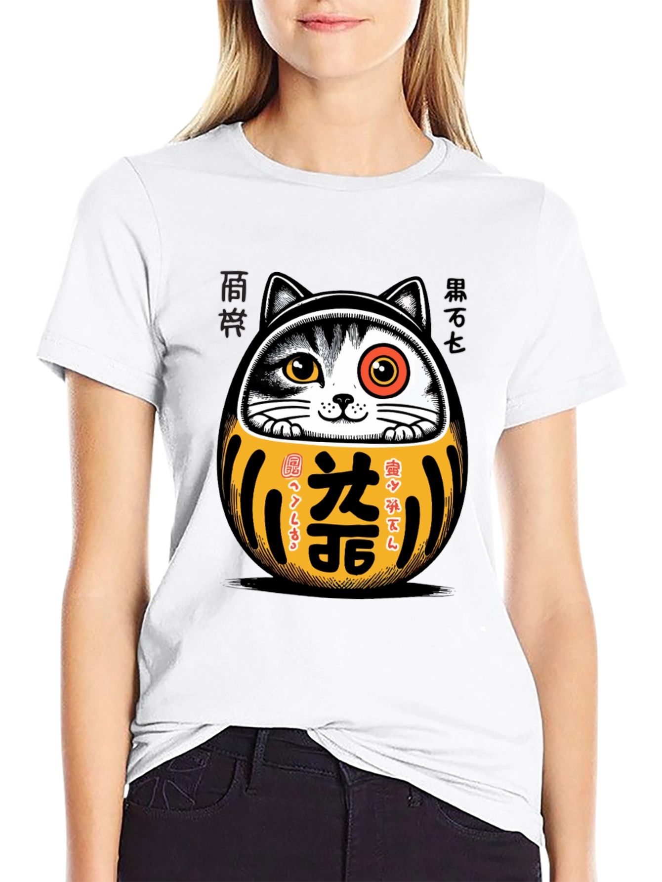 Camiseta Negra con Diseño Daruma Gato Japonés