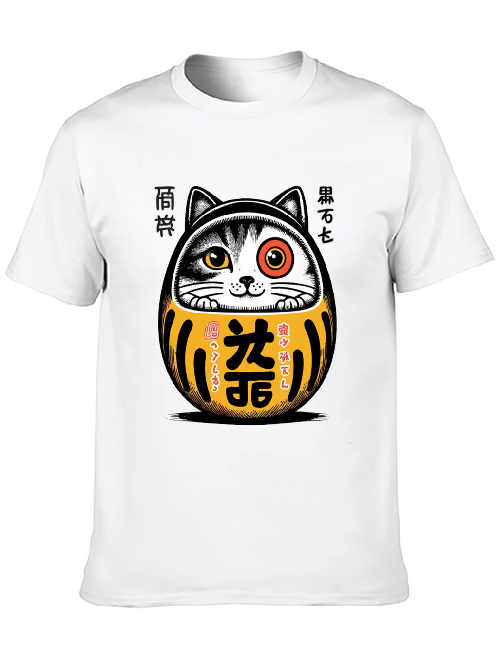 Camiseta Negra con Diseño Daruma Gato Japonés