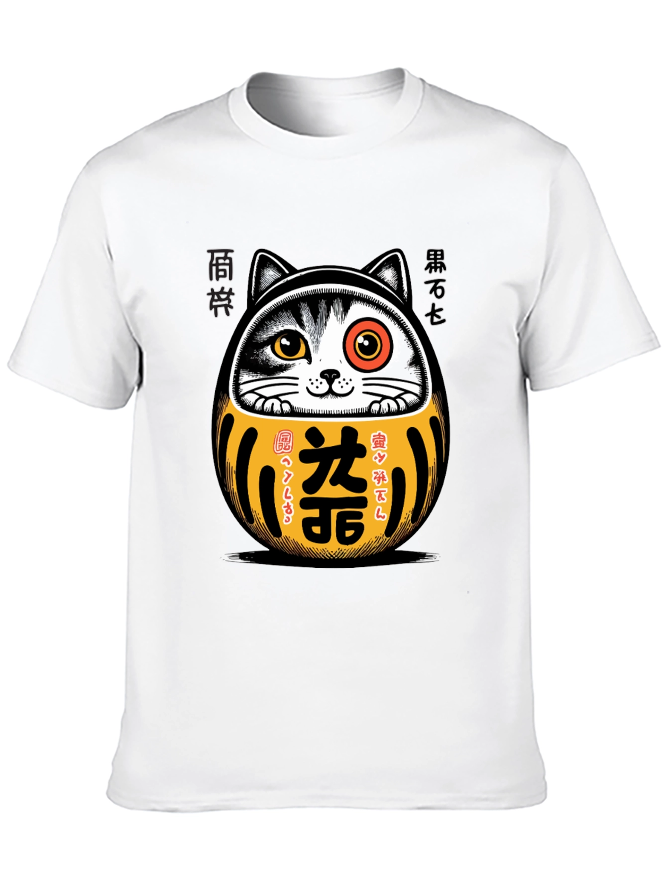 Camiseta Negra con Diseño Daruma Gato Japonés