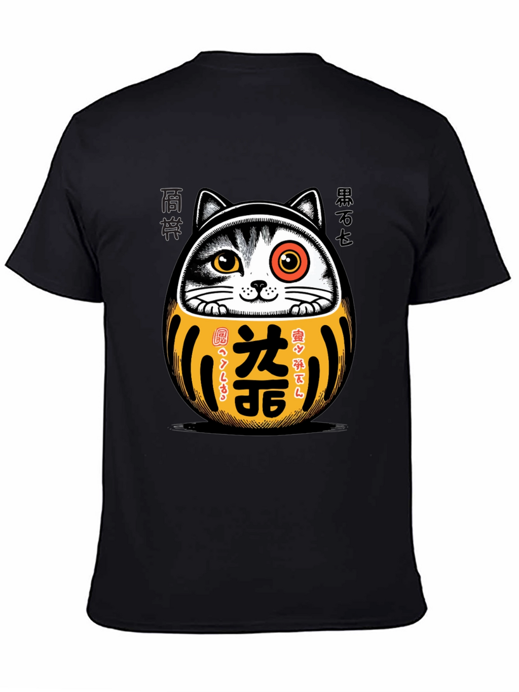 Camiseta Negra con Diseño Daruma Gato Japonés