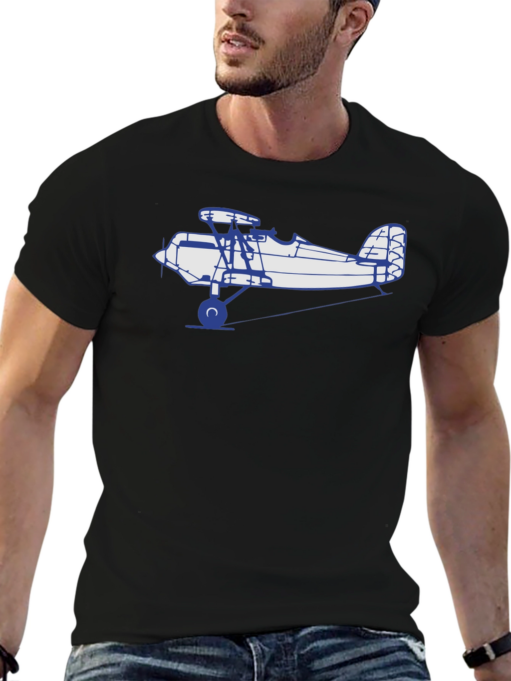 Camiseta Negra con Diseño de Avión Biplano