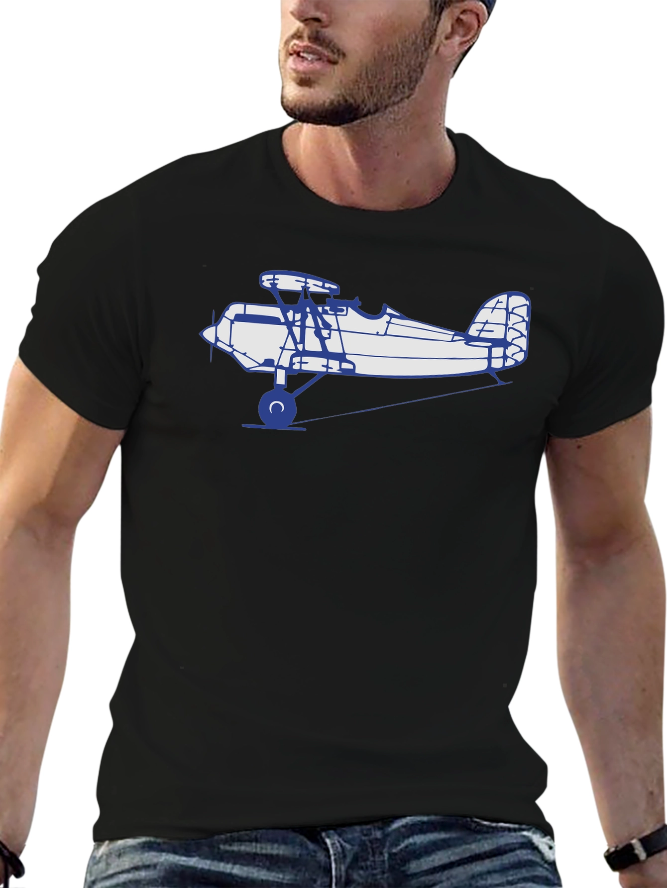 Camiseta Negra con Diseño de Avión Biplano
