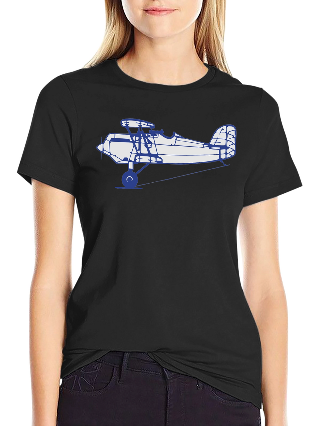 Camiseta Negra con Diseño de Avión Biplano