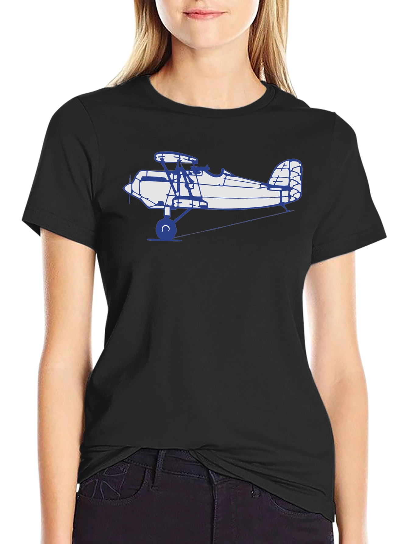 Camiseta Negra con Diseño de Avión Biplano
