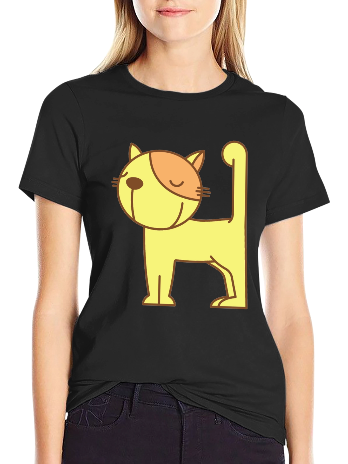 Camiseta Negra con Diseño de Gato Amarillo