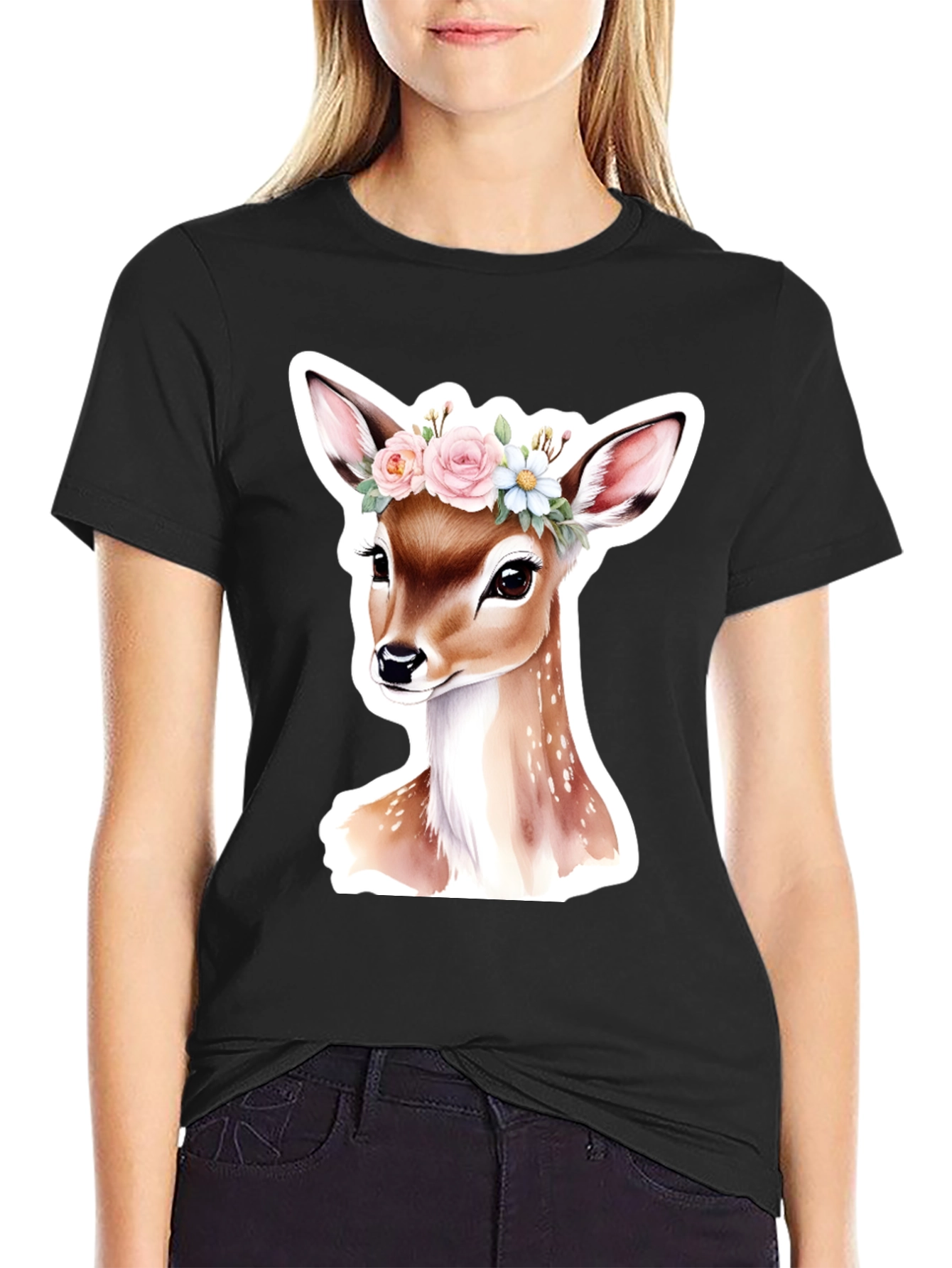Camiseta Negra con Adorable Ciervo Floral
