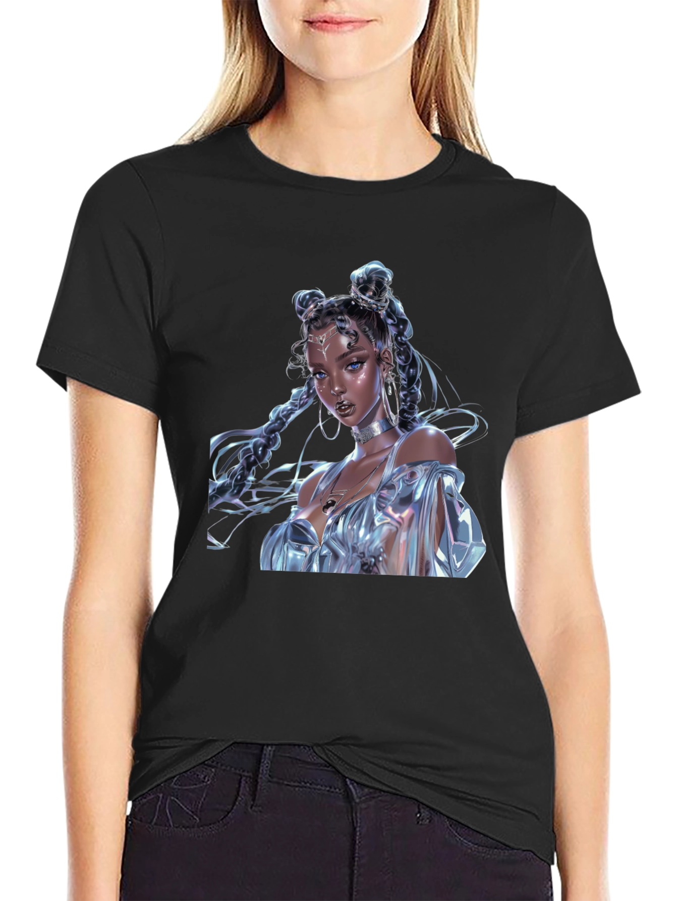 Camiseta Negra con Diseño de Fantasía Brillante