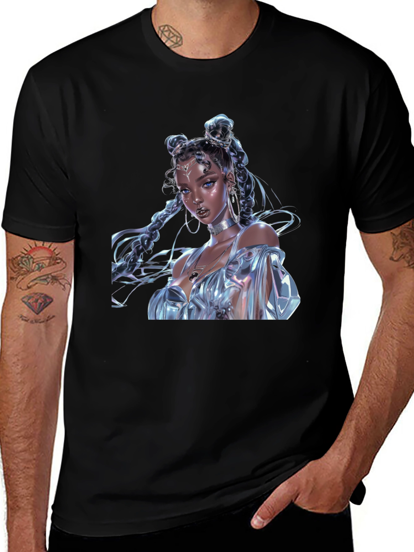 Camiseta Negra con Diseño de Fantasía Brillante