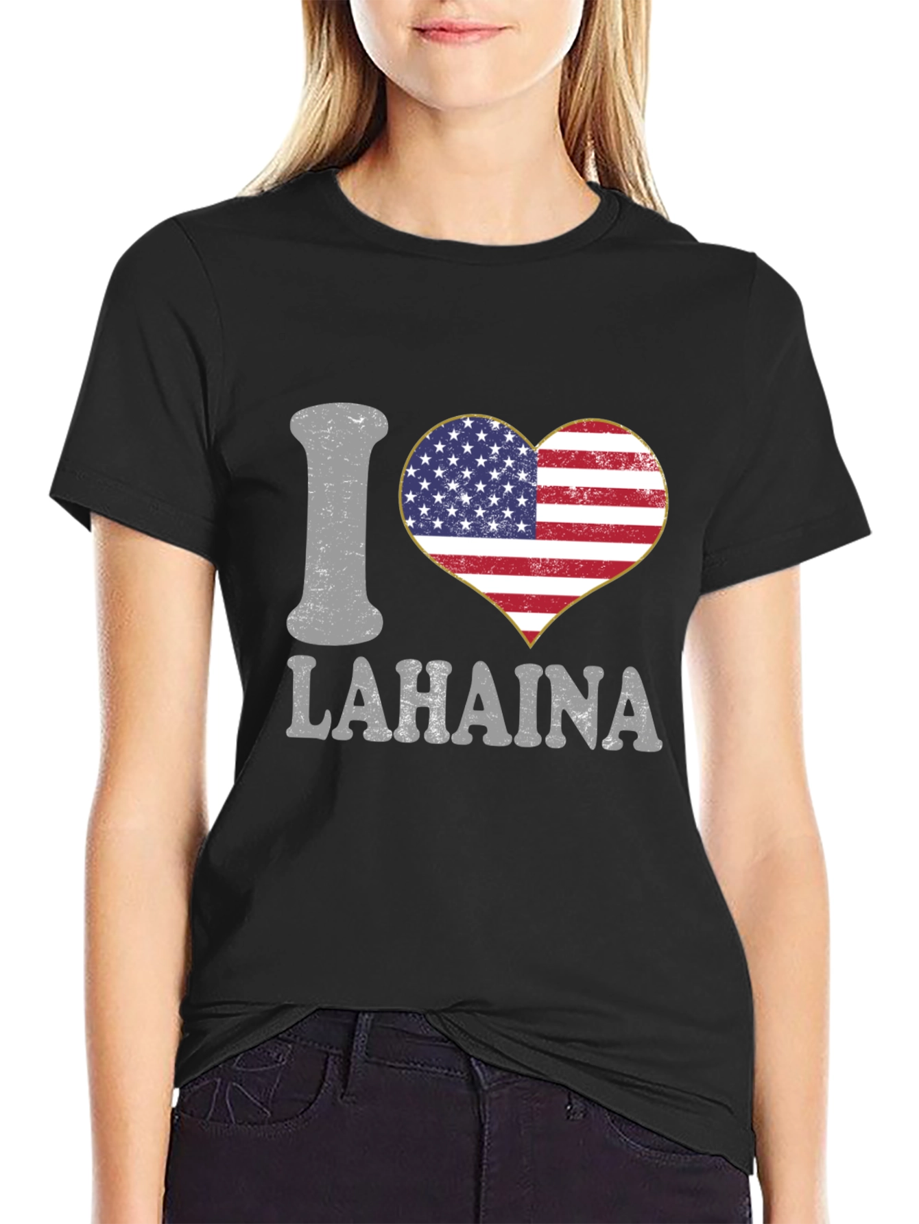 Camiseta Negra Amo Lahaina con Diseño de Bandera Americana