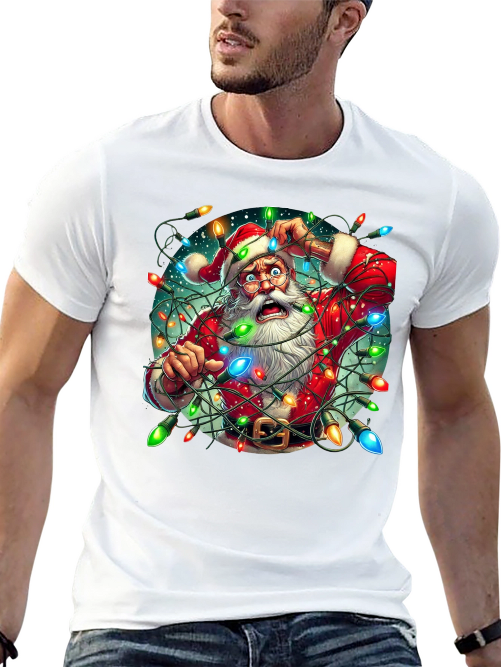 Camiseta Navideña Santa Claus Atrapado en Luces