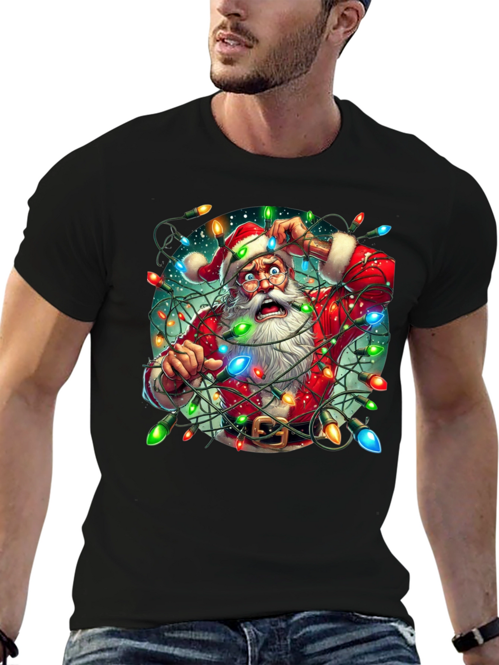 Camiseta Navideña Santa Claus Atrapado en Luces
