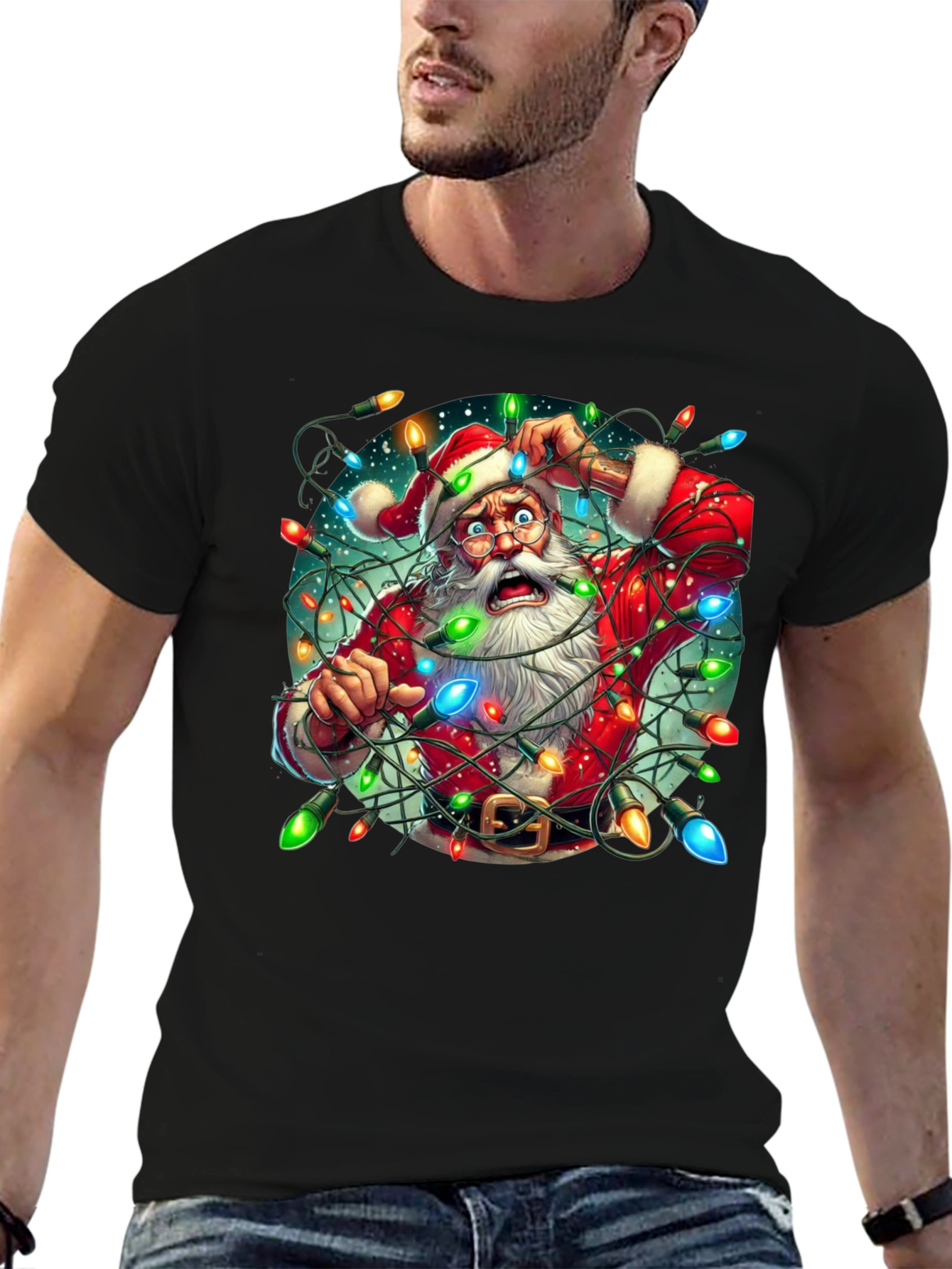 Camiseta Navideña Santa Claus Atrapado en Luces