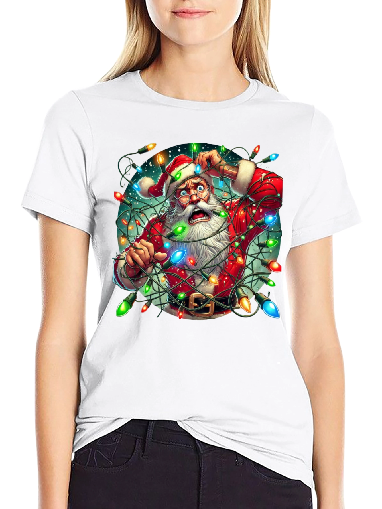 Camiseta Navideña Santa Claus Atrapado en Luces