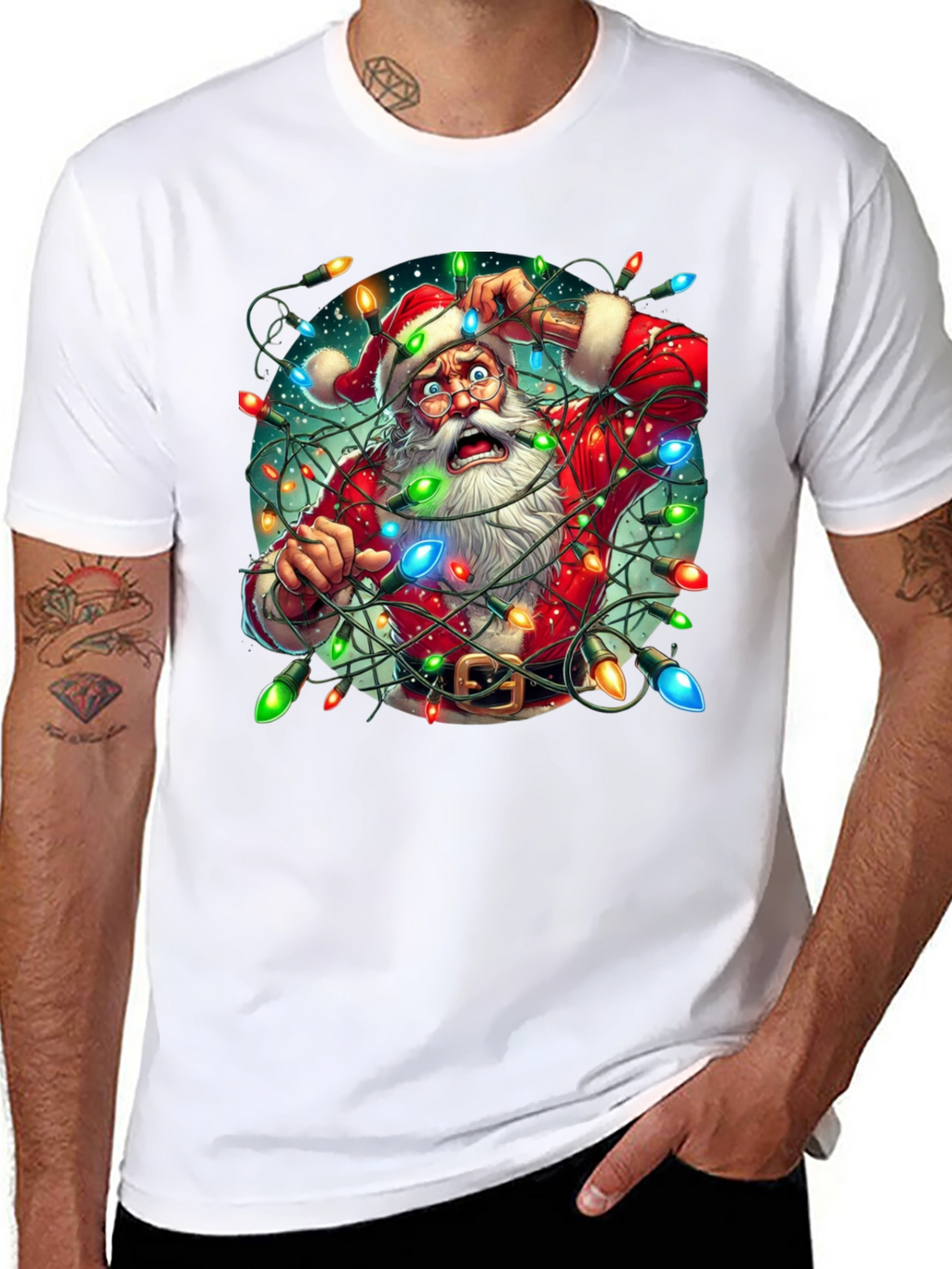 Camiseta Navideña Santa Claus Atrapado en Luces