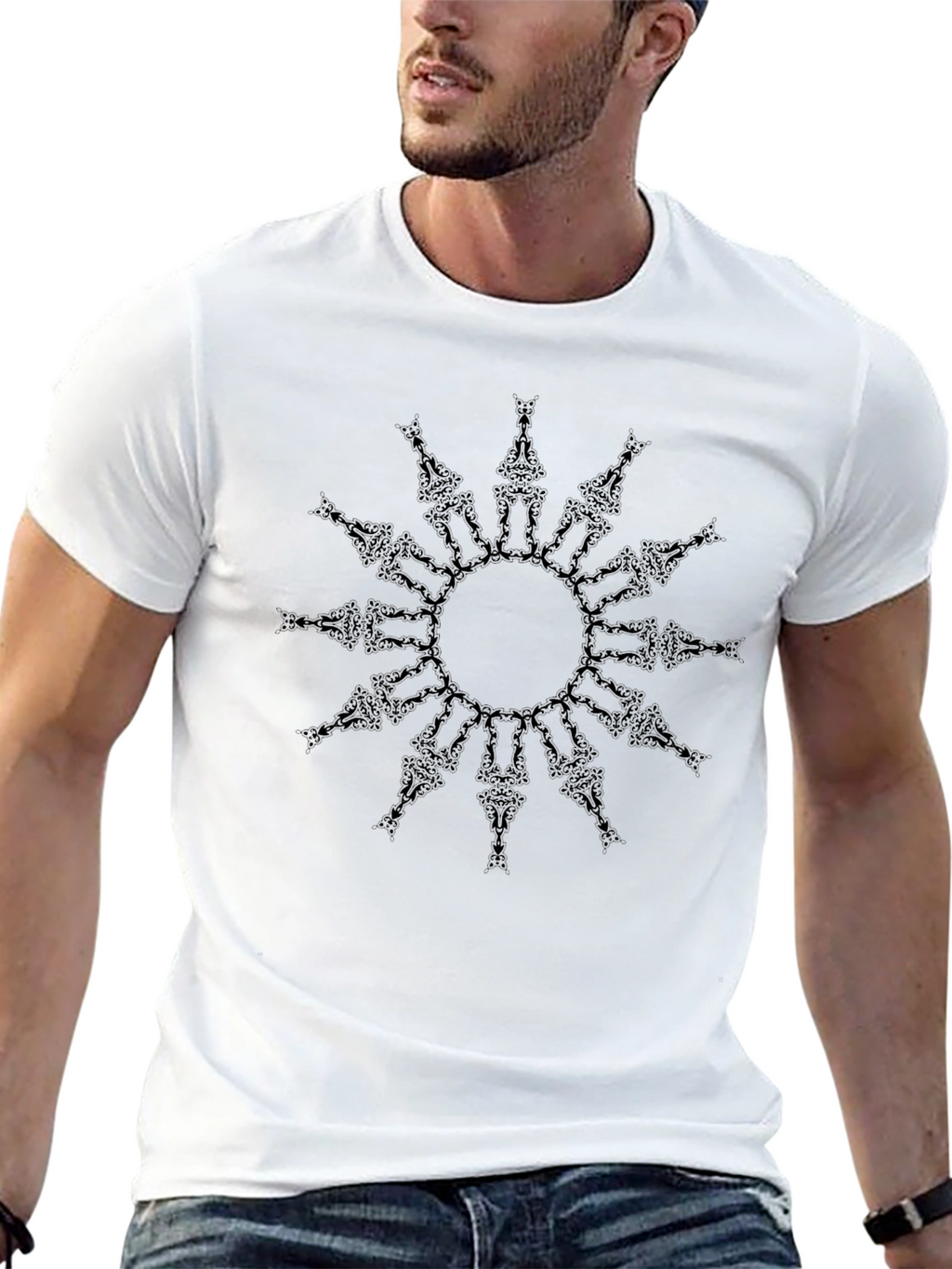 Camiseta Negra con Diseño de Mandala Abstracta