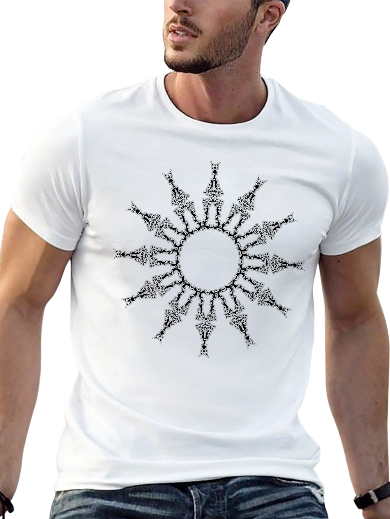 Camiseta Negra con Diseño de Mandala Abstracta