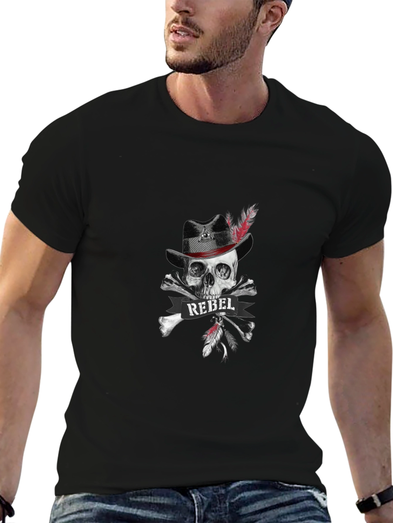 Camiseta Negra Calavera Rebelde con Sombrero