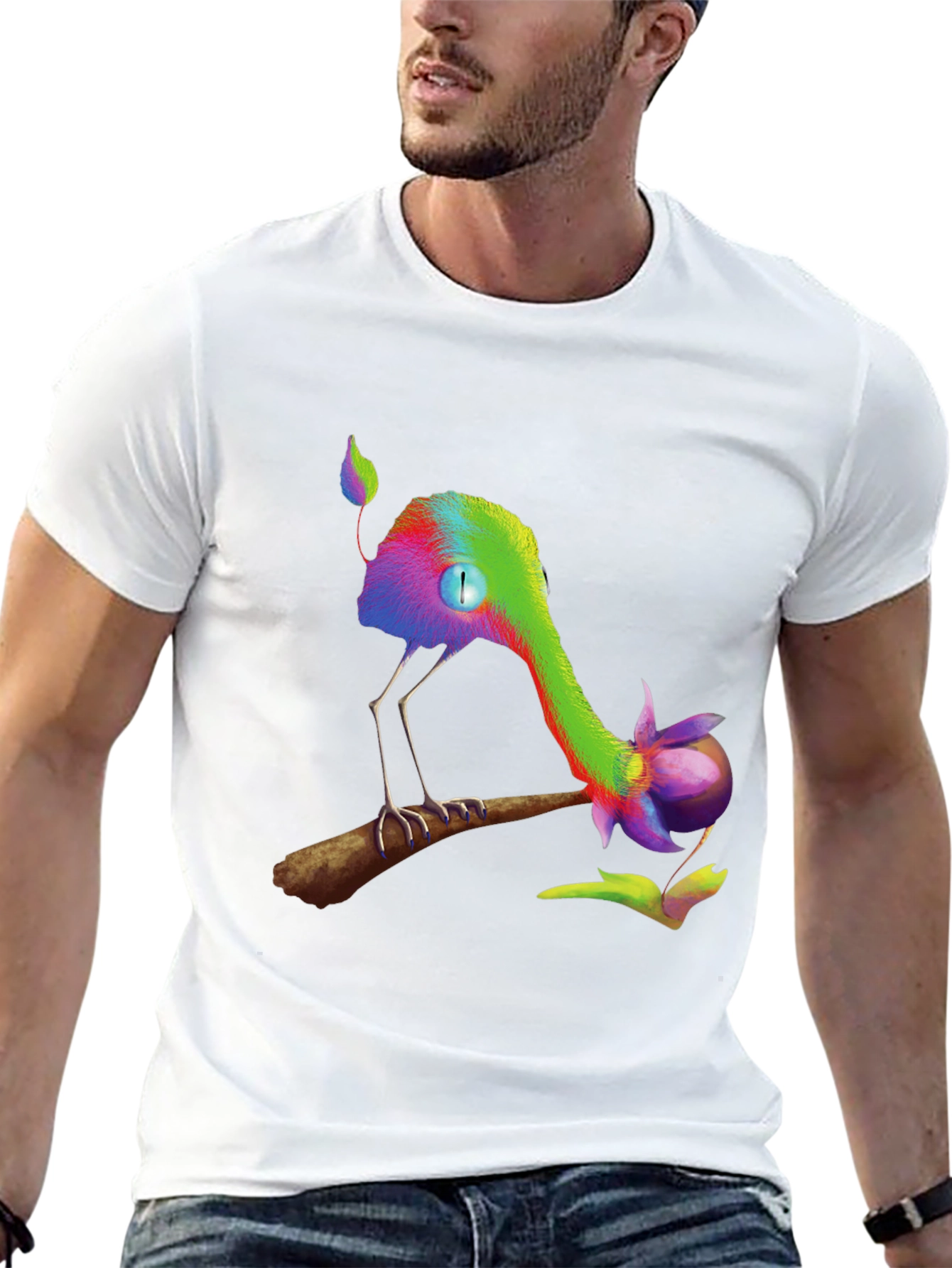 Camiseta Negra con Diseño Abstracto de Ave Colorida