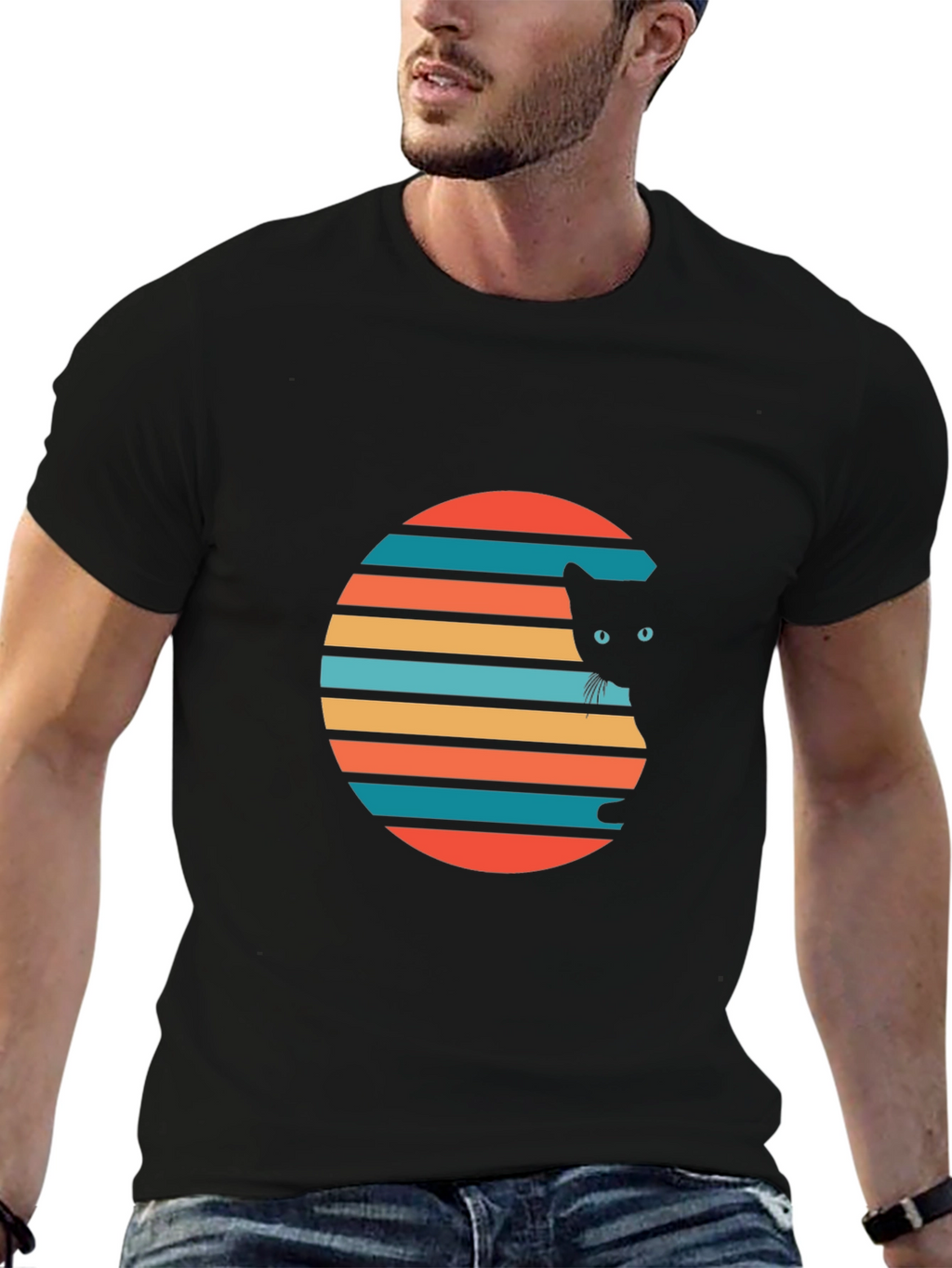 Camiseta Negra con Diseño de Gato Retro