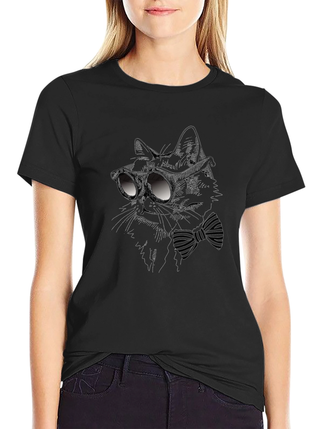 Camiseta Negra con Diseño de Gato Elegante