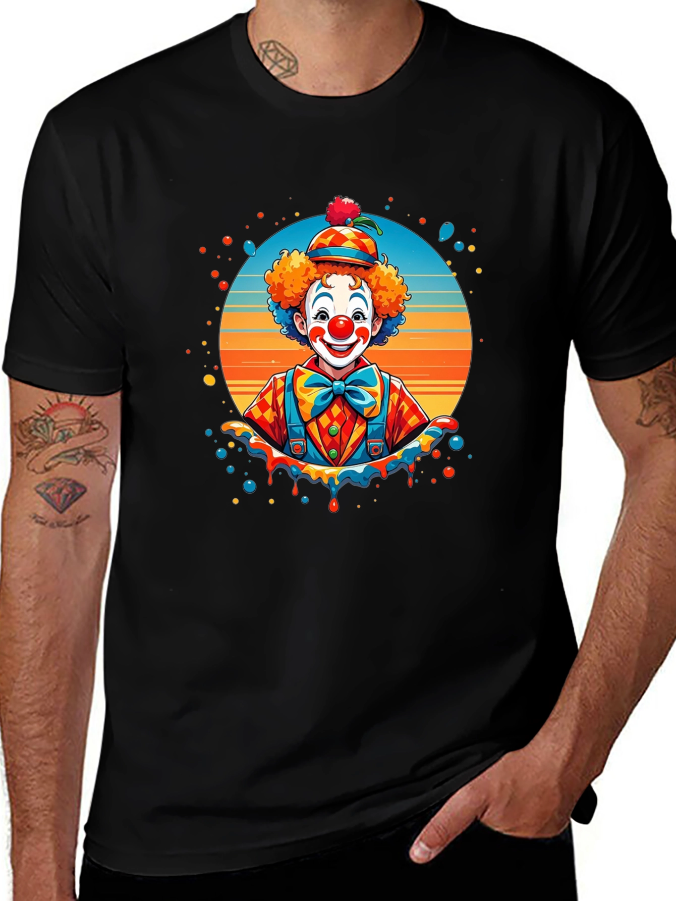 Camiseta Negra con Diseño de Payaso Colorido