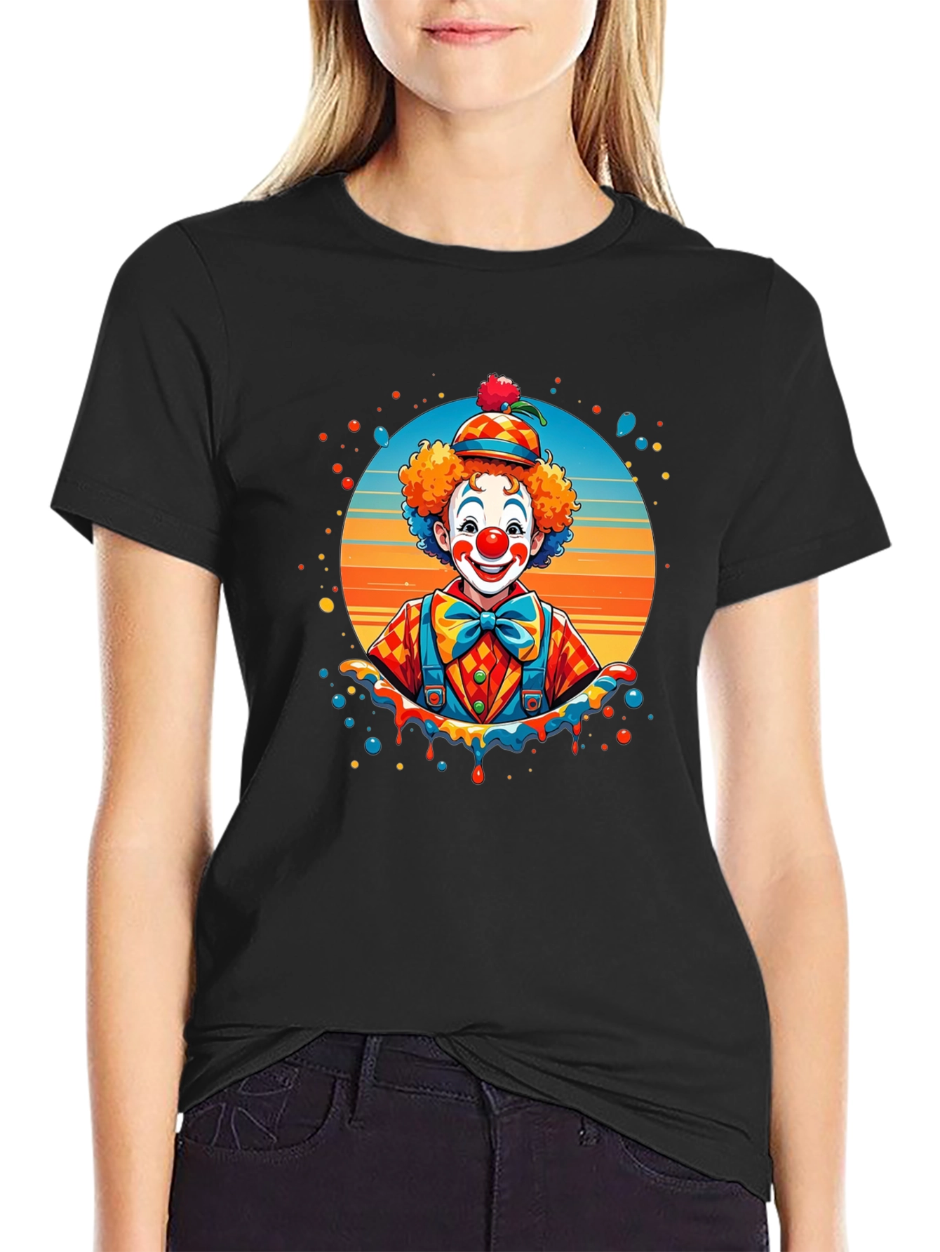 Camiseta Negra con Diseño de Payaso Colorido