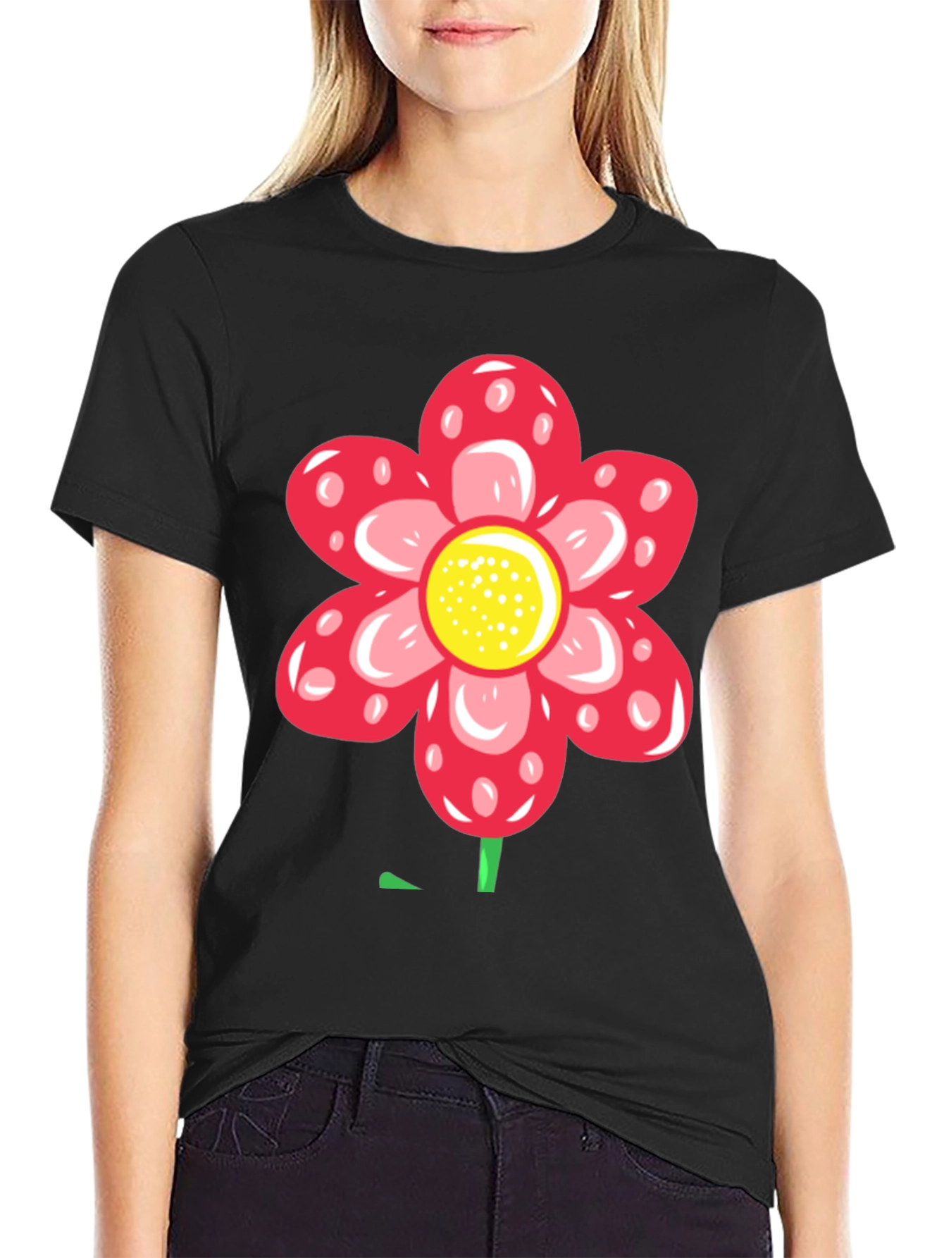 Camiseta Negra con Diseño de Flor Roja