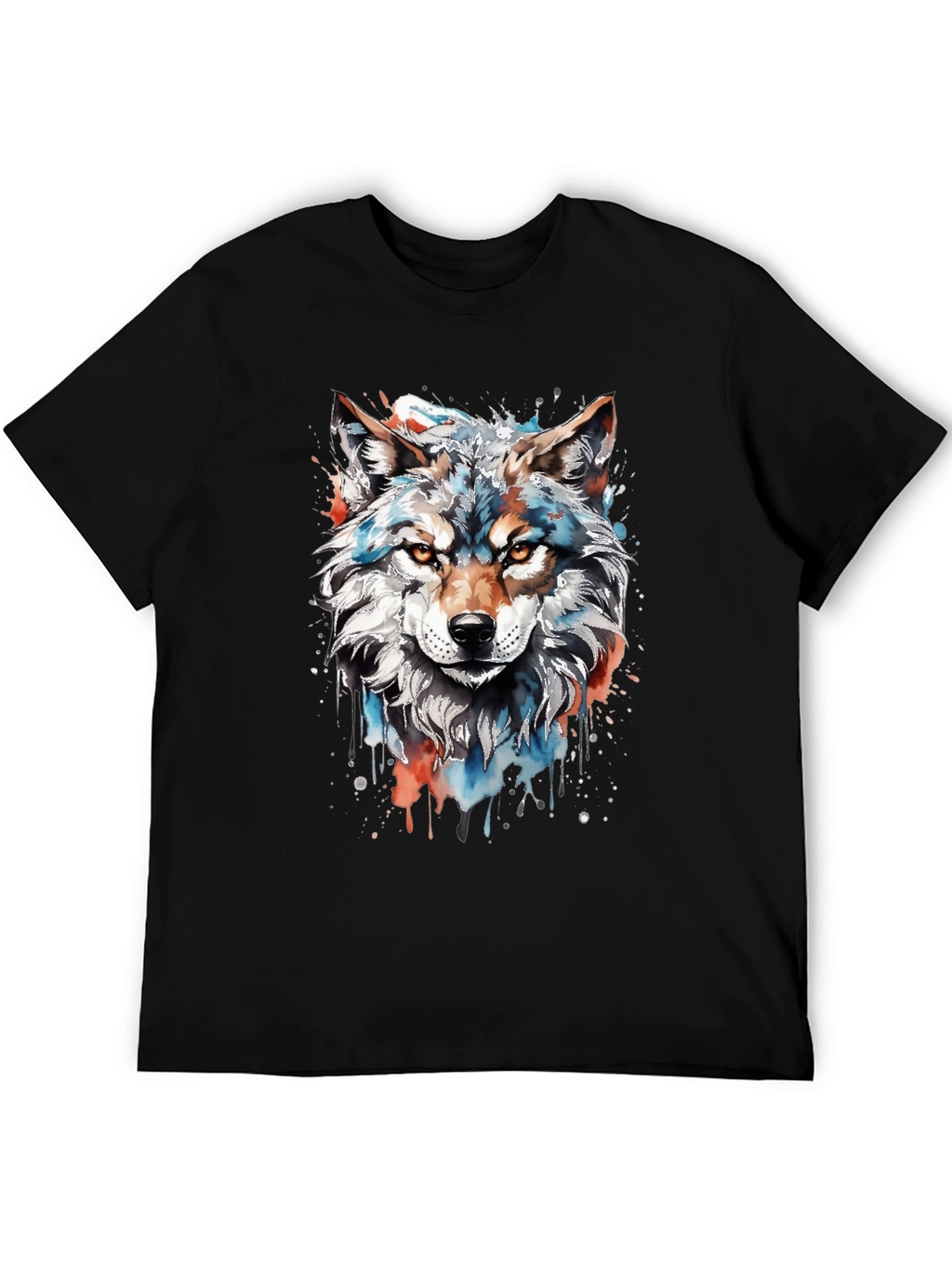 Camiseta Negra con Diseño de Lobo Acuarela