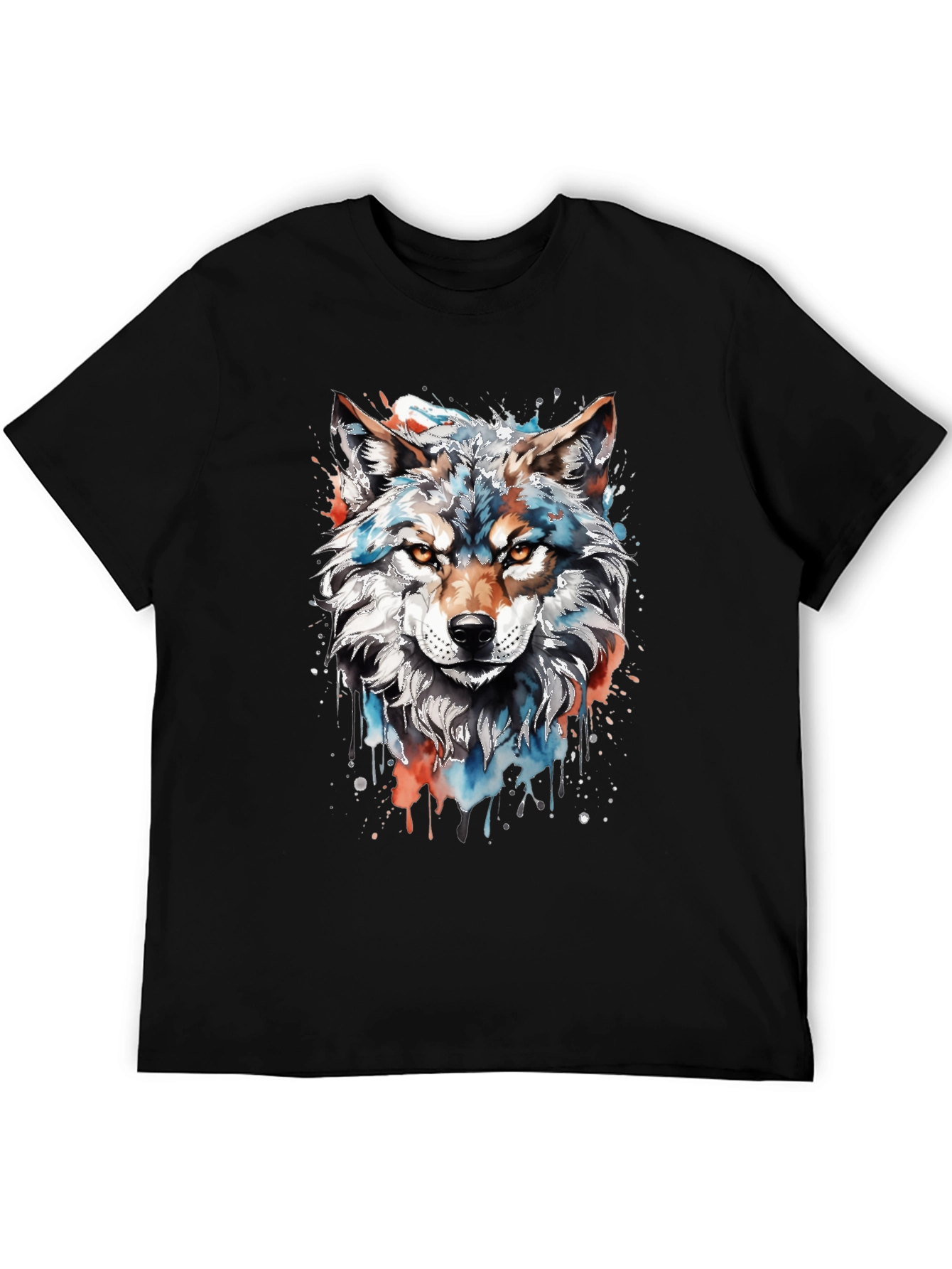 Camiseta Negra con Diseño de Lobo Acuarela