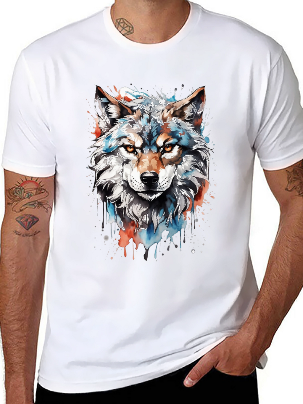 Camiseta Negra con Diseño de Lobo Acuarela