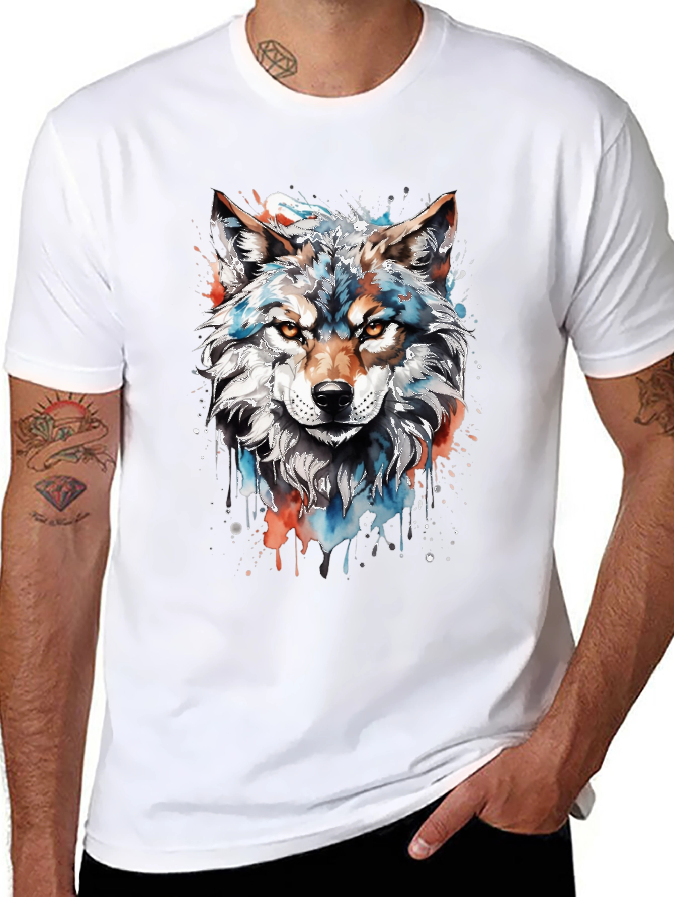 Camiseta Negra con Diseño de Lobo Acuarela