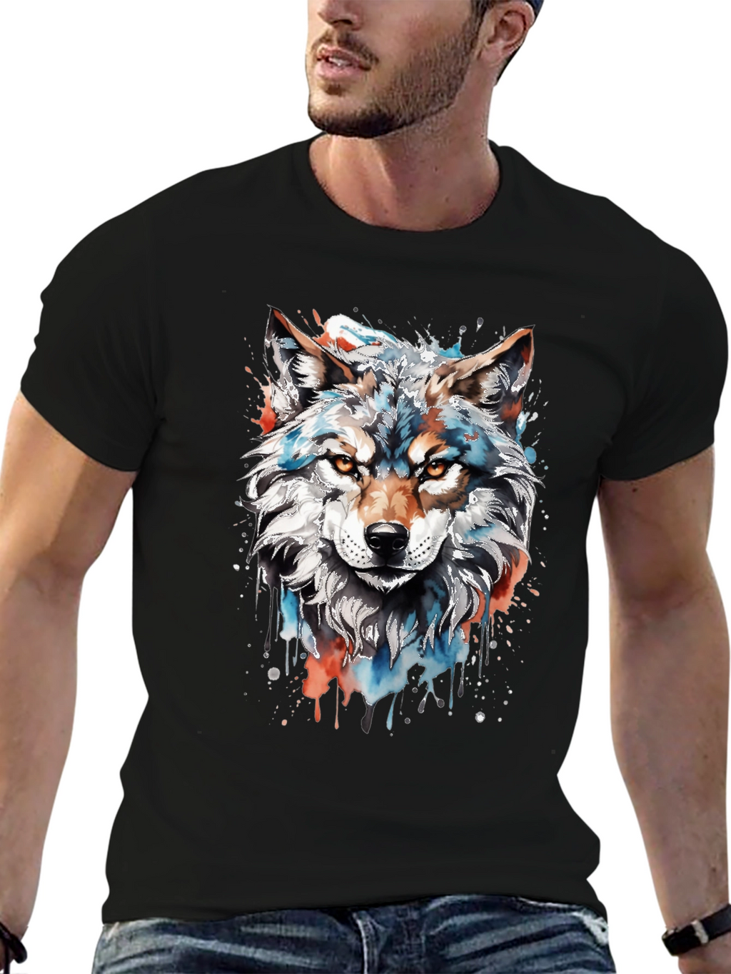 Camiseta Negra con Diseño de Lobo Acuarela