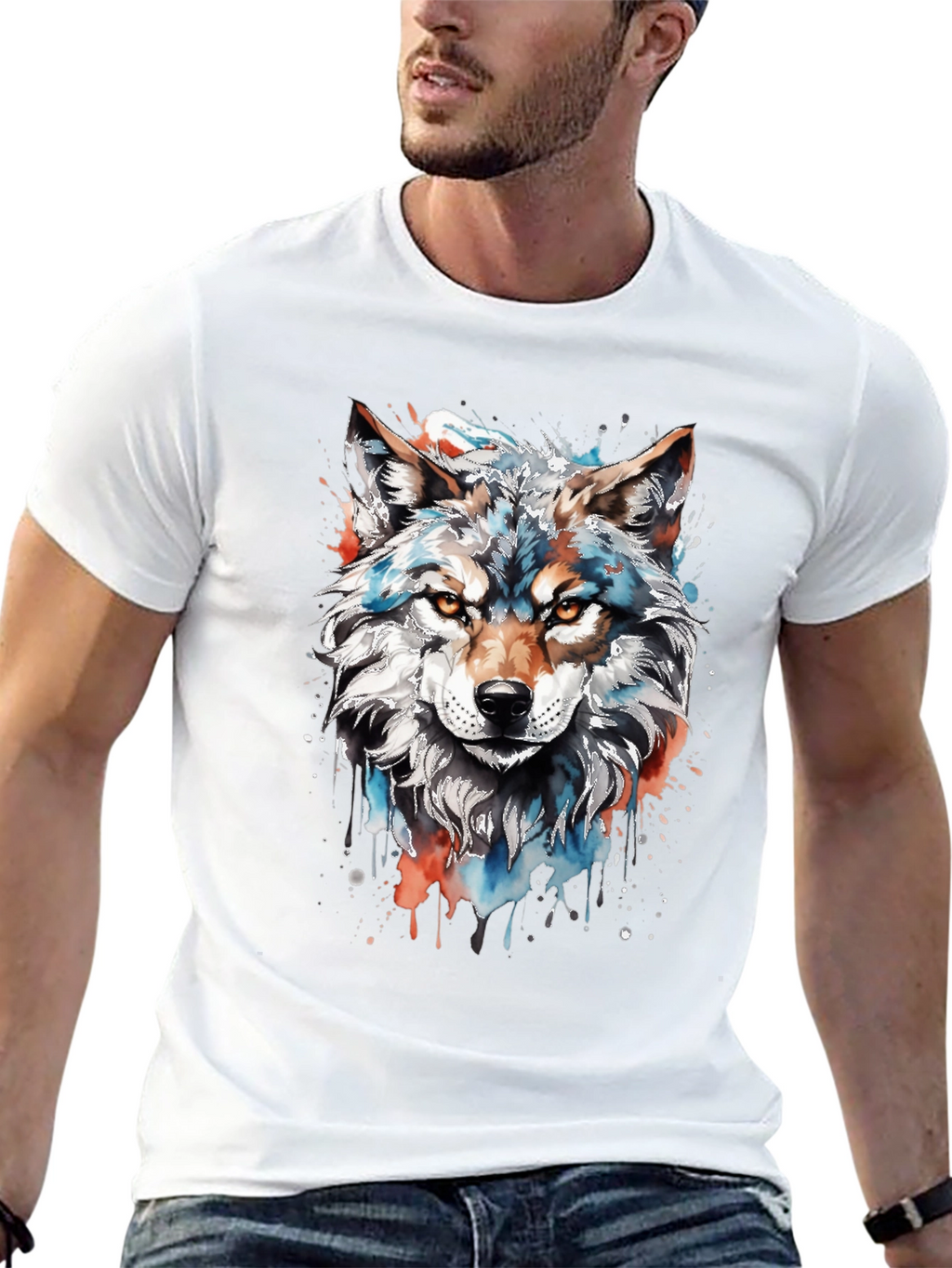 Camiseta Negra con Diseño de Lobo Acuarela