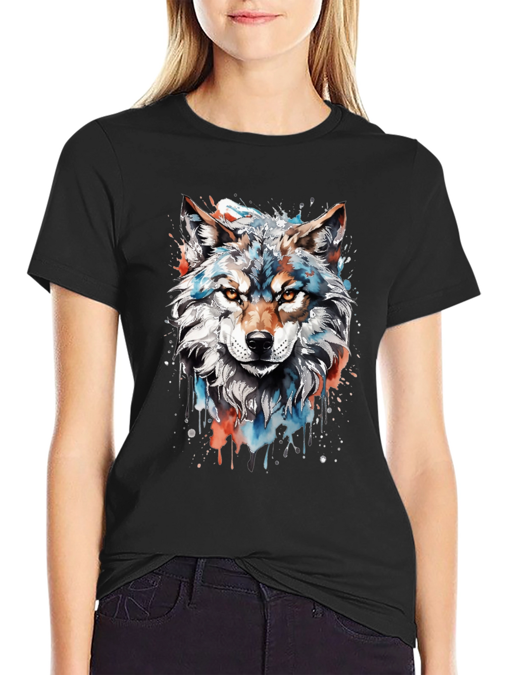 Camiseta Negra con Diseño de Lobo Acuarela