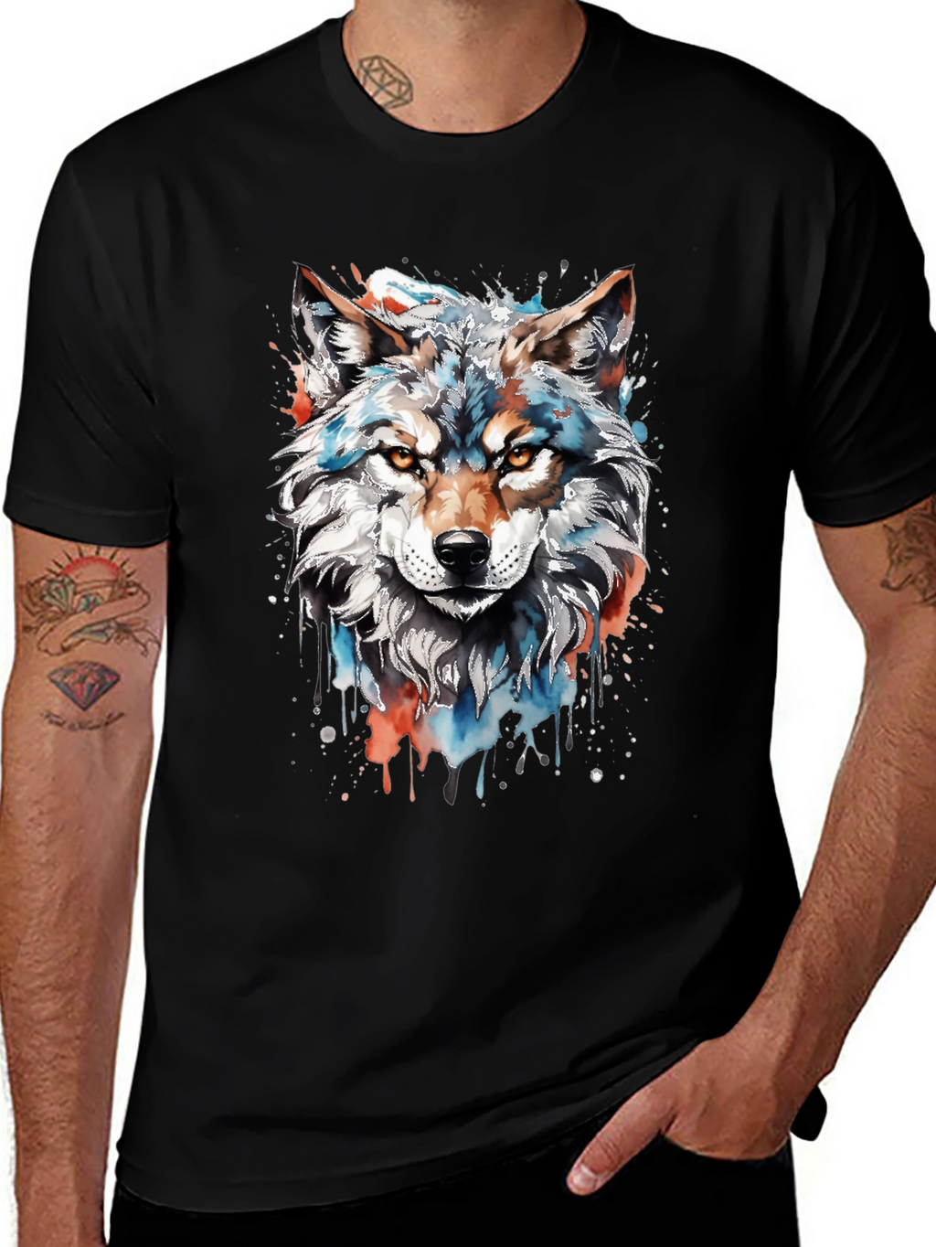 Camiseta Negra con Diseño de Lobo Acuarela