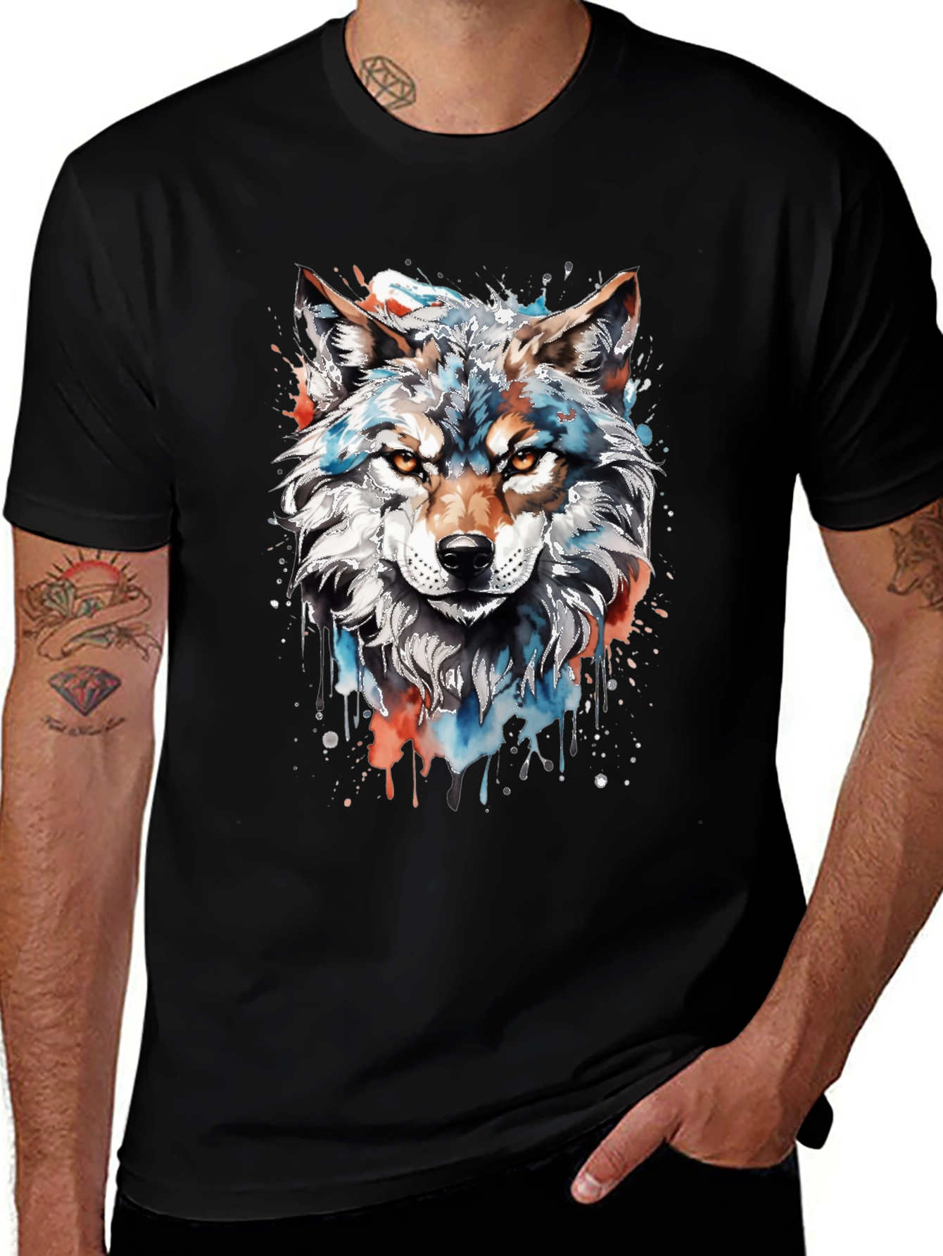 Camiseta Negra con Diseño de Lobo Acuarela