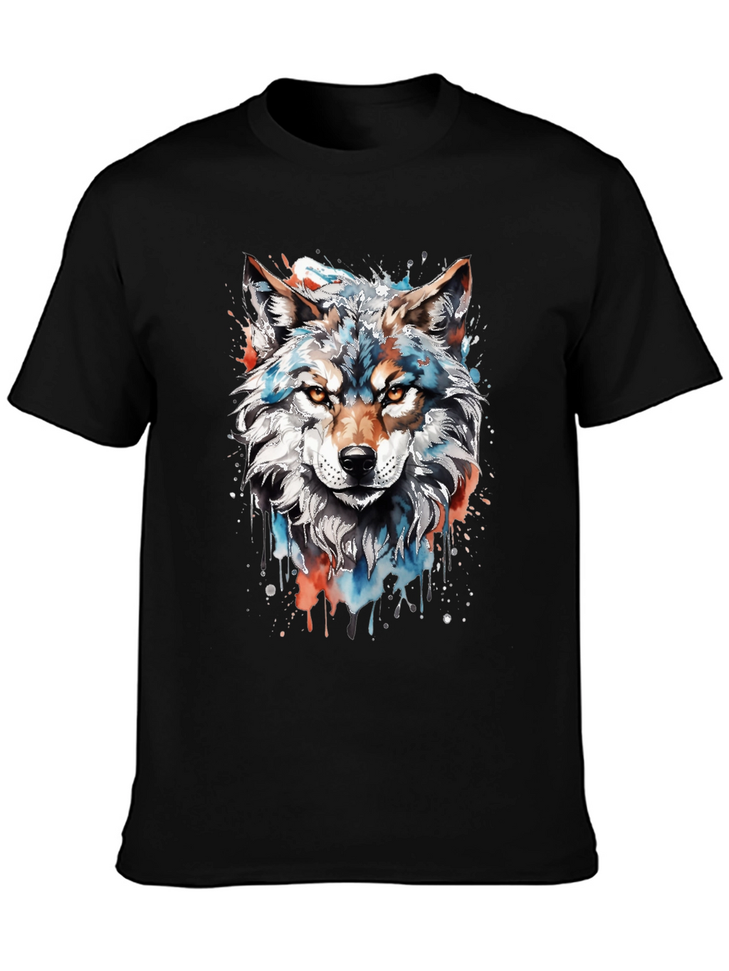 Camiseta Negra con Diseño de Lobo Acuarela