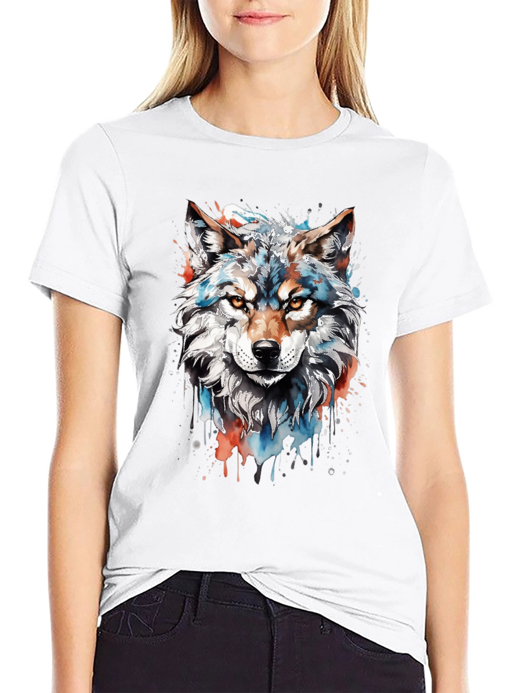 Camiseta Negra con Diseño de Lobo Acuarela