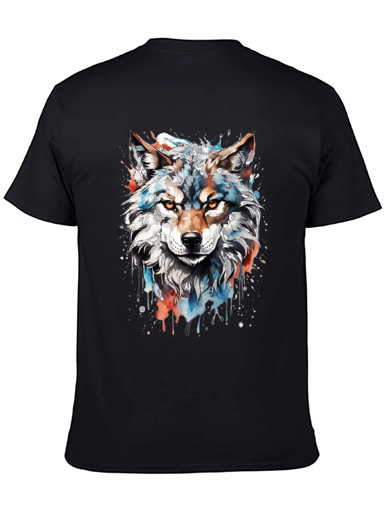 Camiseta Negra con Diseño de Lobo Acuarela