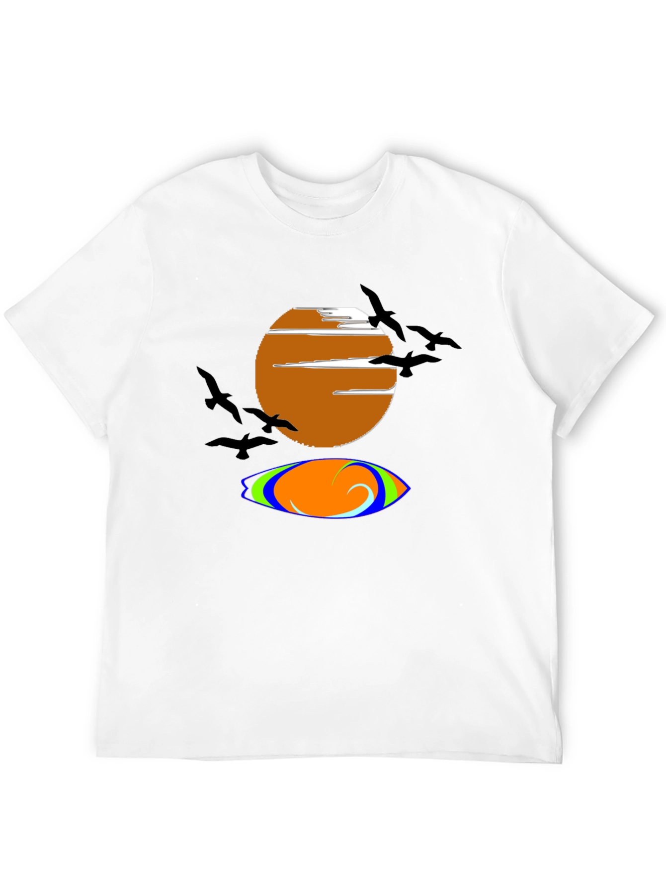 Camiseta Negra con Diseño de Atardecer y Surf