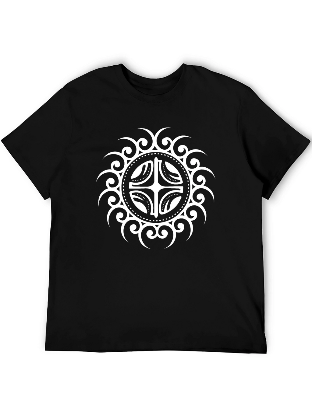 Camiseta Negra con Diseño Circular Abstracto Blanco