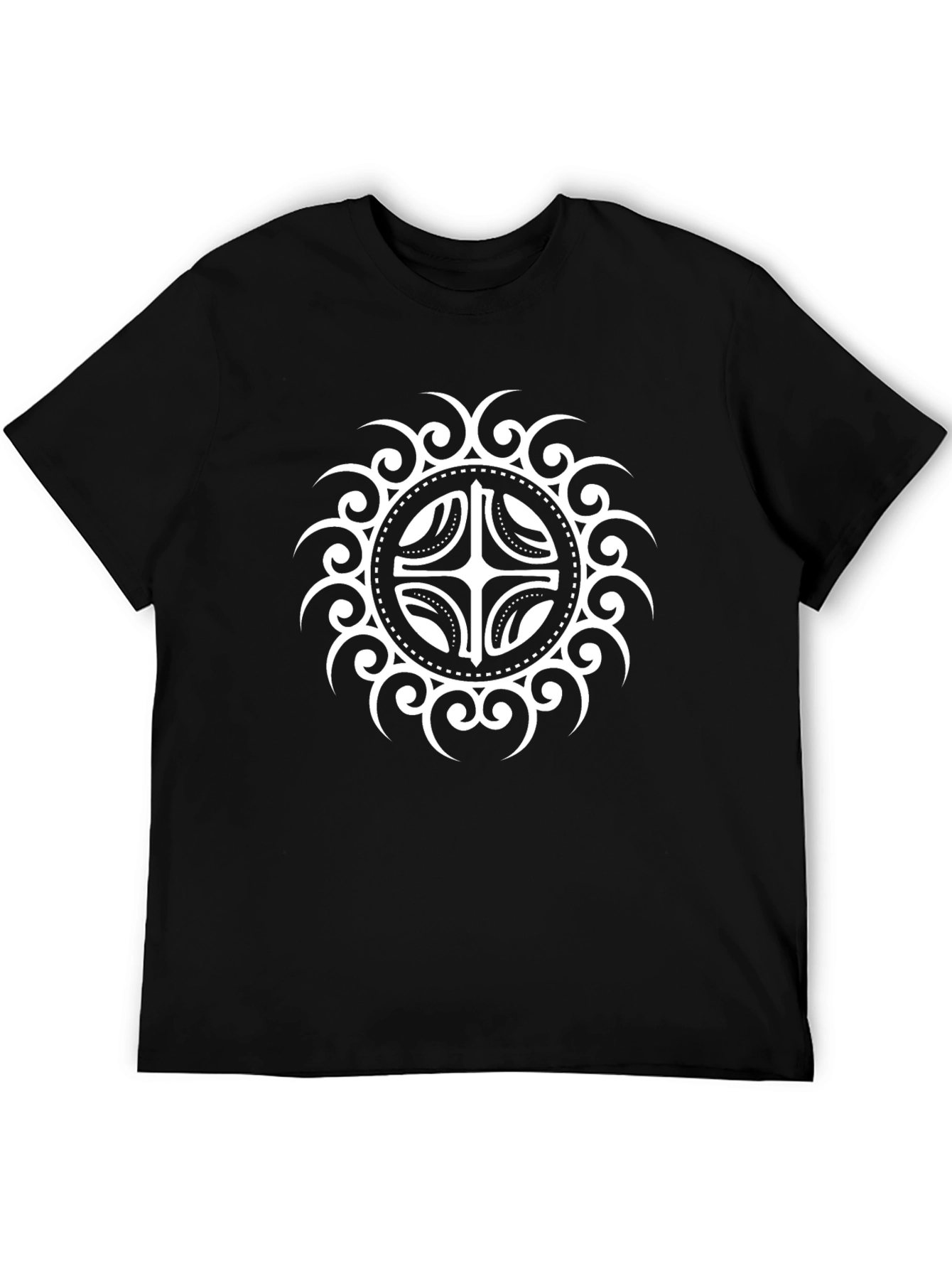 Camiseta Negra con Diseño Circular Abstracto Blanco